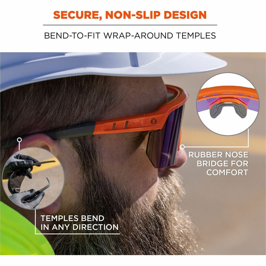 Ergodyne Skullerz AEGIR Safety Glasses, Purple Mirror Lens, Orange Frame, Polycarbonate/Rubber, Non-slip, Sweat Resistant, Lightweight, Impact Resistant, Adjustable Temple, Vented, Strap Closure, 1 Each