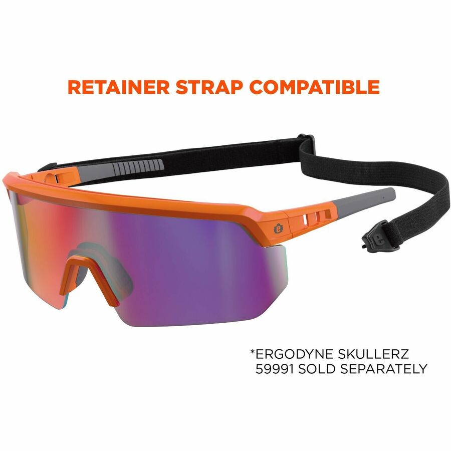 Ergodyne Skullerz AEGIR Safety Glasses, Purple Mirror Lens, Orange Frame, Polycarbonate/Rubber, Non-slip, Sweat Resistant, Lightweight, Impact Resistant, Adjustable Temple, Vented, Strap Closure, 1 Each
