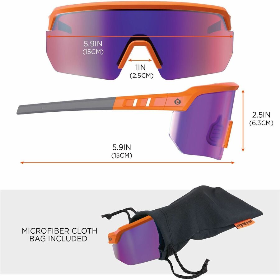 Ergodyne Skullerz AEGIR Safety Glasses, Purple Mirror Lens, Orange Frame, Polycarbonate/Rubber, Non-slip, Sweat Resistant, Lightweight, Impact Resistant, Adjustable Temple, Vented, Strap Closure, 1 Each