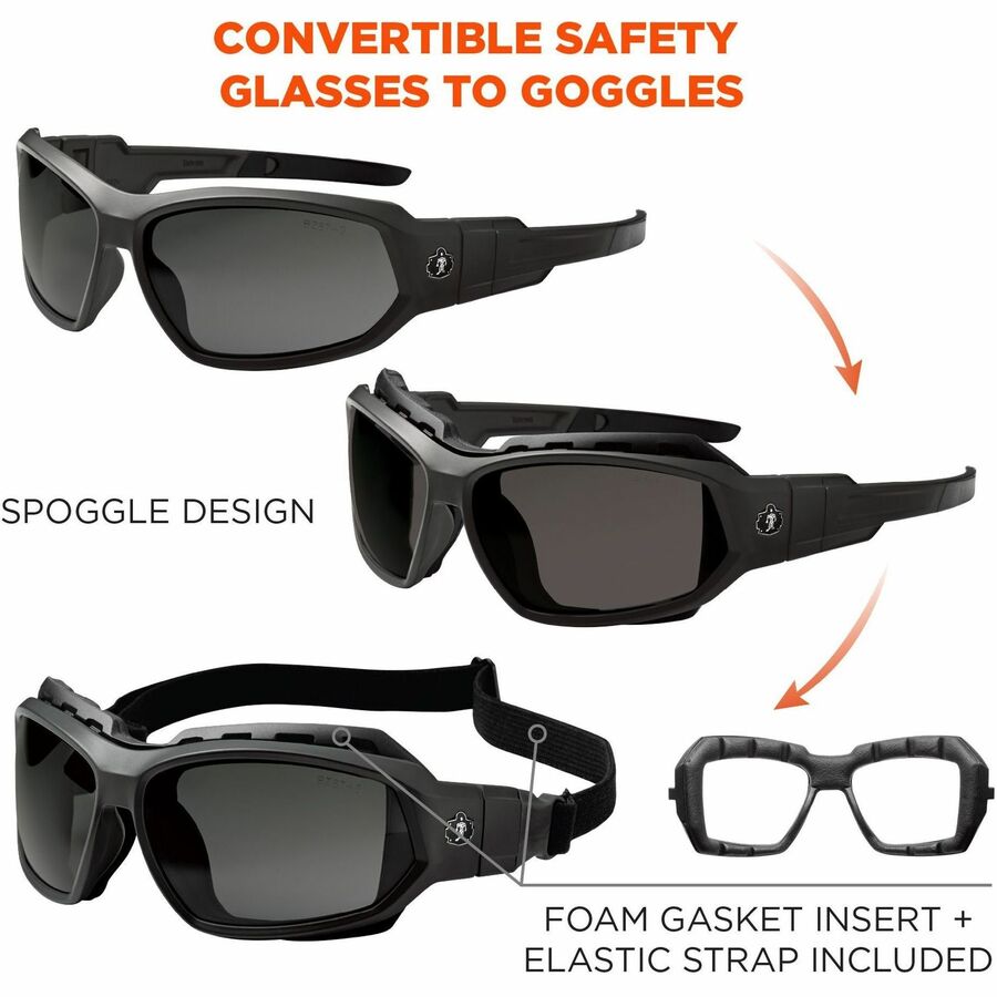 Ergodyne Skullerz LOKI Anti-Fog Safety Spoggles, Smoke Lens, Matte Black Frame, Elastic Strap, Anti-scratch, Impact Resistant, Flexible, Non-slip, Sweat Resistant, 1 Each