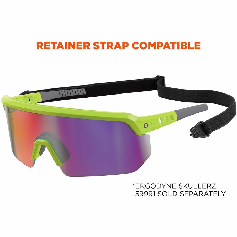 Ergodyne Skullerz AEGIR Safety Glasses, Purple Mirror Lens, Lime Frame, Polycarbonate/Rubber, Non-slip, Sweat Resistant, Lightweight, Impact Resistant, Adjustable Temple, Vented, 1 Each