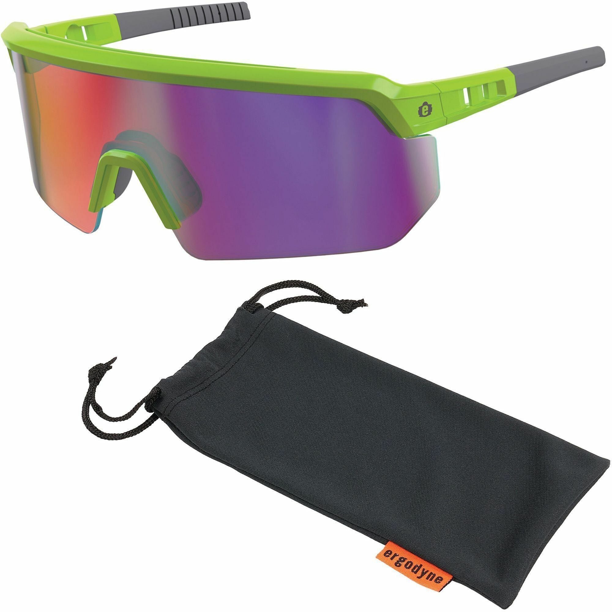 Ergodyne Skullerz AEGIR Safety Glasses, Purple Mirror Lens, Lime Frame, Polycarbonate/Rubber, Non-slip, Sweat Resistant, Lightweight, Impact Resistant, Adjustable Temple, Vented, 1 Each