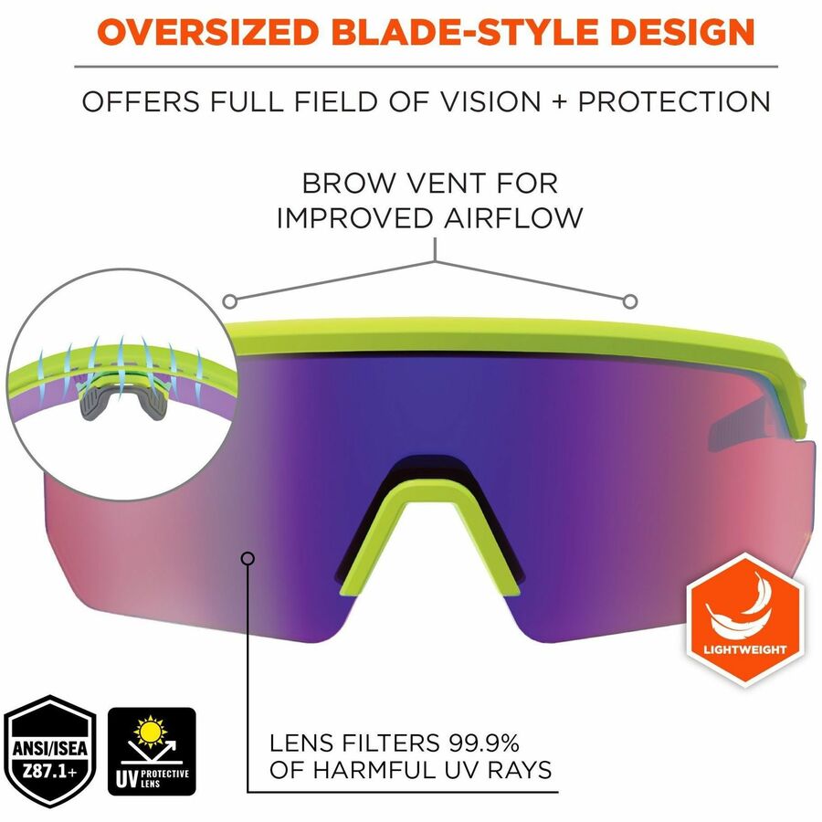 Ergodyne Skullerz AEGIR Safety Glasses, Purple Mirror Lens, Lime Frame, Polycarbonate/Rubber, Non-slip, Sweat Resistant, Lightweight, Impact Resistant, Adjustable Temple, Vented, 1 Each