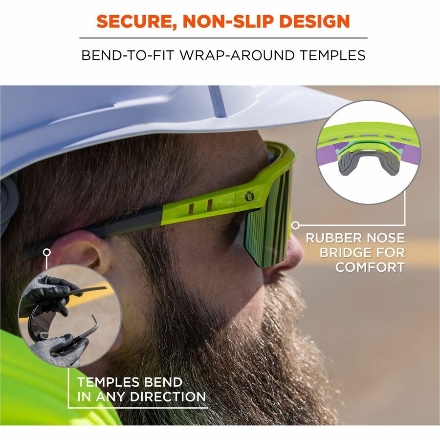 Ergodyne Skullerz AEGIR Safety Glasses, Purple Mirror Lens, Lime Frame, Polycarbonate/Rubber, Non-slip, Sweat Resistant, Lightweight, Impact Resistant, Adjustable Temple, Vented, 1 Each
