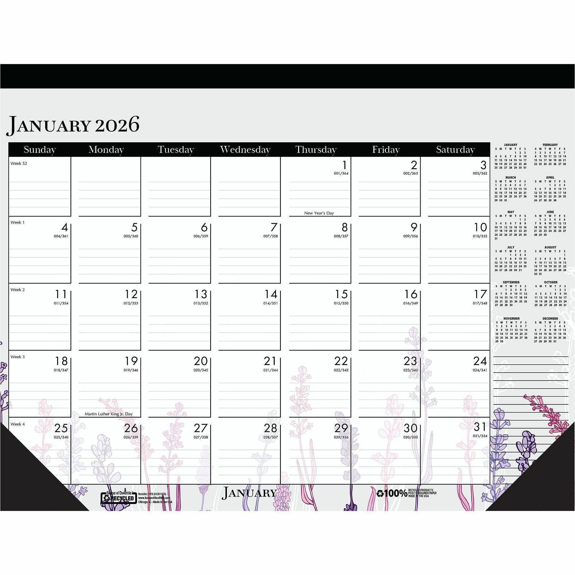 Julian Dates - Monthly - 12 Month - January 2026 to December 2026 - 18 1/2" x 13" Sheet Size - Desk, Desk Pad - Multicolor - Planing Calendar, Reinforced Corner, Perforated, Easy Tear, Printed - 1 Each