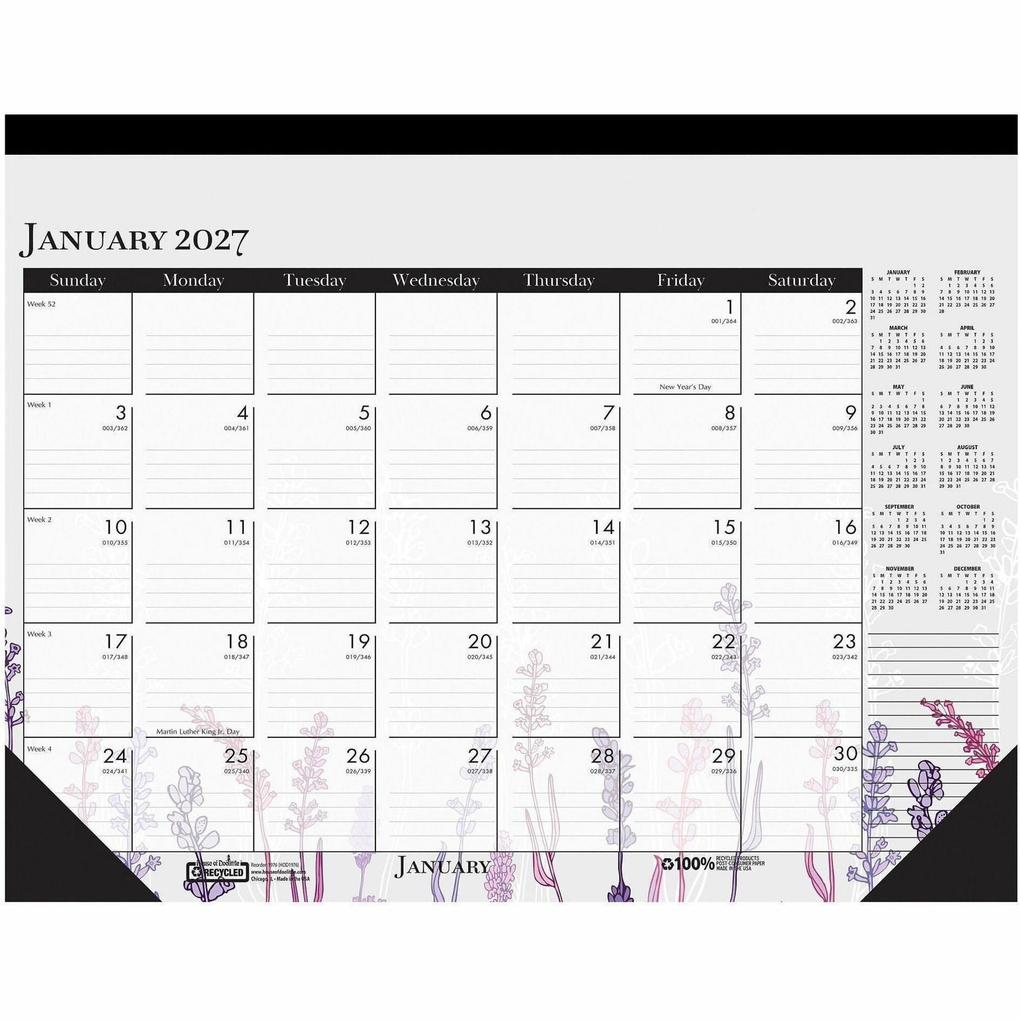 Julian Dates - Monthly - 12 Month - January 2026 to December 2026 - 18 1/2" x 13" Sheet Size - Desk, Desk Pad - Multicolor - Planing Calendar, Reinforced Corner, Perforated, Easy Tear, Printed - 1 Each