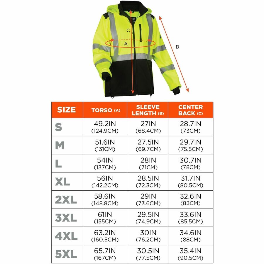 Ergodyne 8353 Hi-Vis Softshell Jacket, Extra Large (XL), Black/Lime, Polyester/Fabric/Fleece, 1 Each