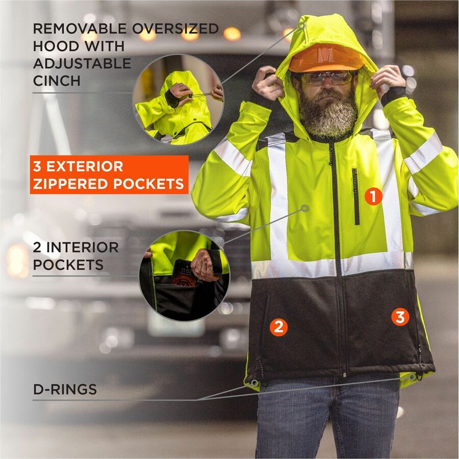 Ergodyne 8353 Hi-Vis Softshell Jacket, 4XL, Black/Lime, Polyester/Fabric/Fleece, 1 Each