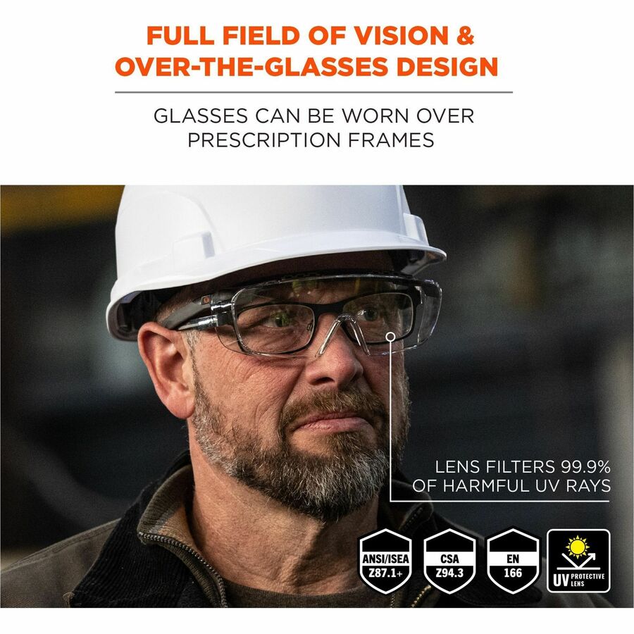 Ergodyne Skullerz OSMIN Anti-Scratch & Enhanced Anti-Fog Safety Glasses, Clear Lens, Matte Black Frame, Over-the-Glasses, Adjustable Temple, Vented, 1 Each
