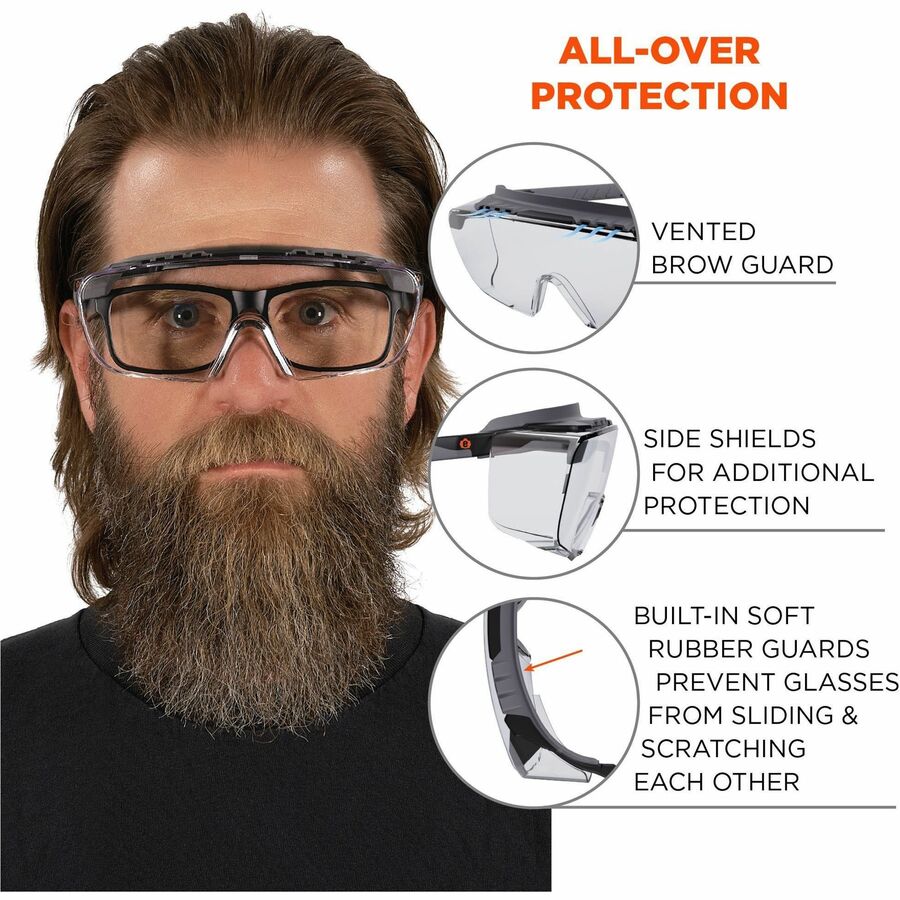 Ergodyne Skullerz OSMIN Anti-Scratch & Enhanced Anti-Fog Safety Glasses, Clear Lens, Matte Black Frame, Over-the-Glasses, Adjustable Temple, Vented, 1 Each