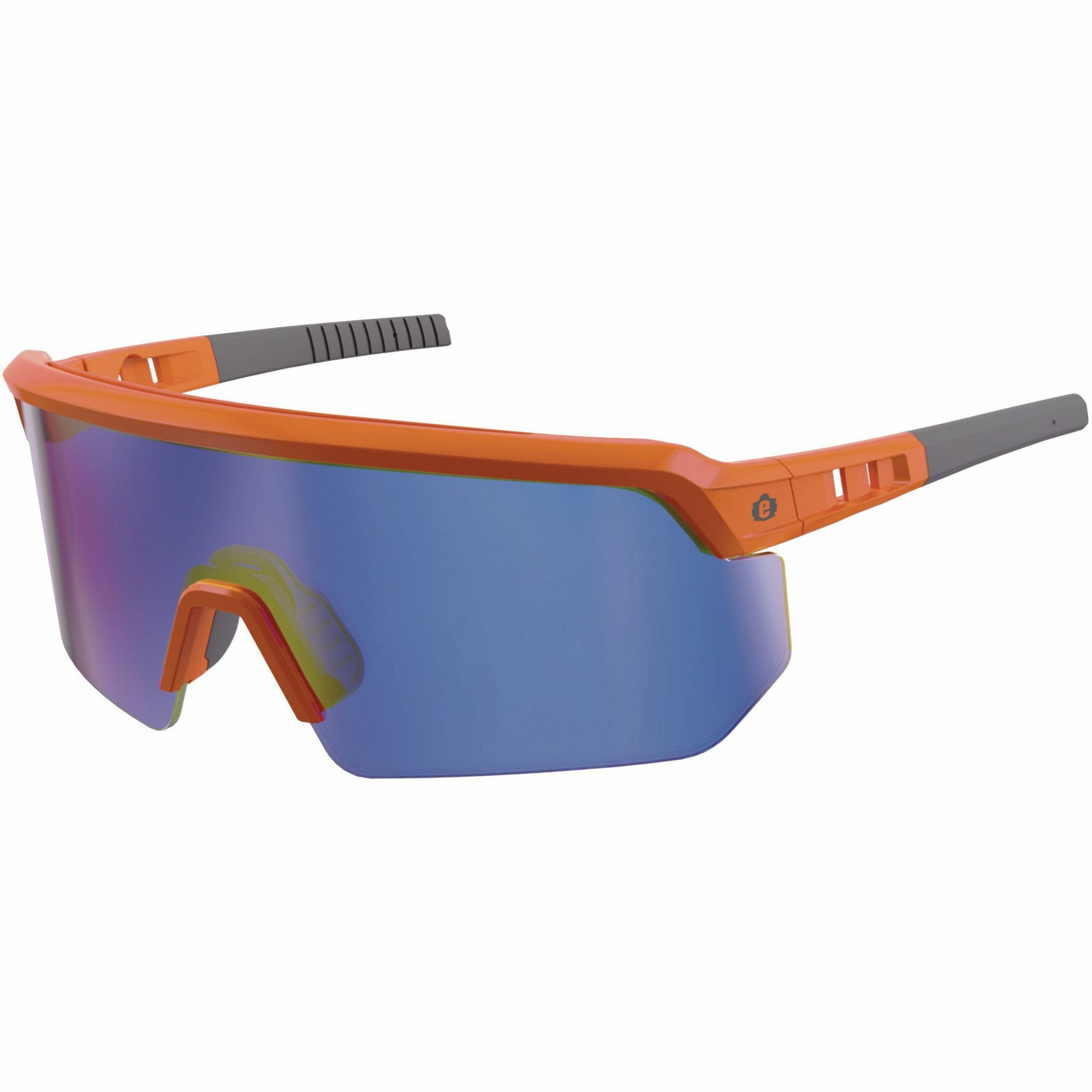 Ergodyne Skullerz AEGIR Safety Glasses, Blue Mirror Lens, Orange Frame, Polycarbonate/Rubber, Impact Resistant, Non-slip, Sweat Resistant, Adjustable, Ventilated, 1 Each