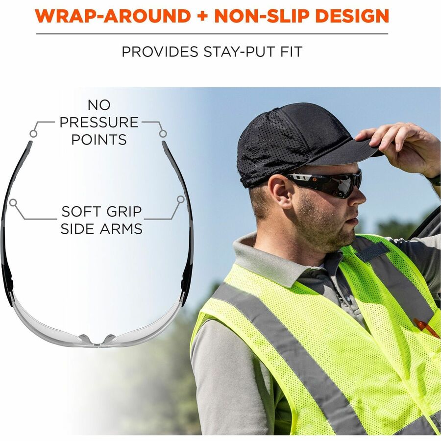 Ergodyne Skullerz SAGA Anti-Scratch & Enhanced Anti-Fog Safety Glasses, Clear Polycarbonate Lens, Matte Black Frame, Rimless, Lightweight, Non-slip, Comfortable, 1 Each
