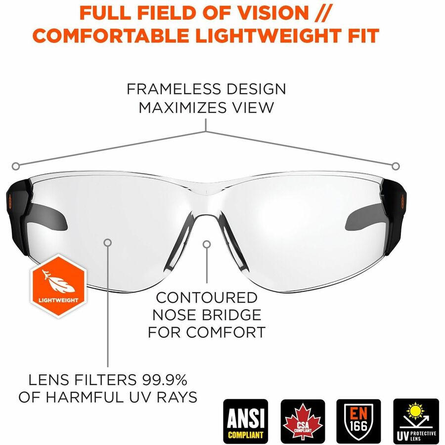Ergodyne Skullerz SAGA Anti-Scratch & Enhanced Anti-Fog Safety Glasses, Clear Polycarbonate Lens, Matte Black Frame, Rimless, Lightweight, Non-slip, Comfortable, 1 Each