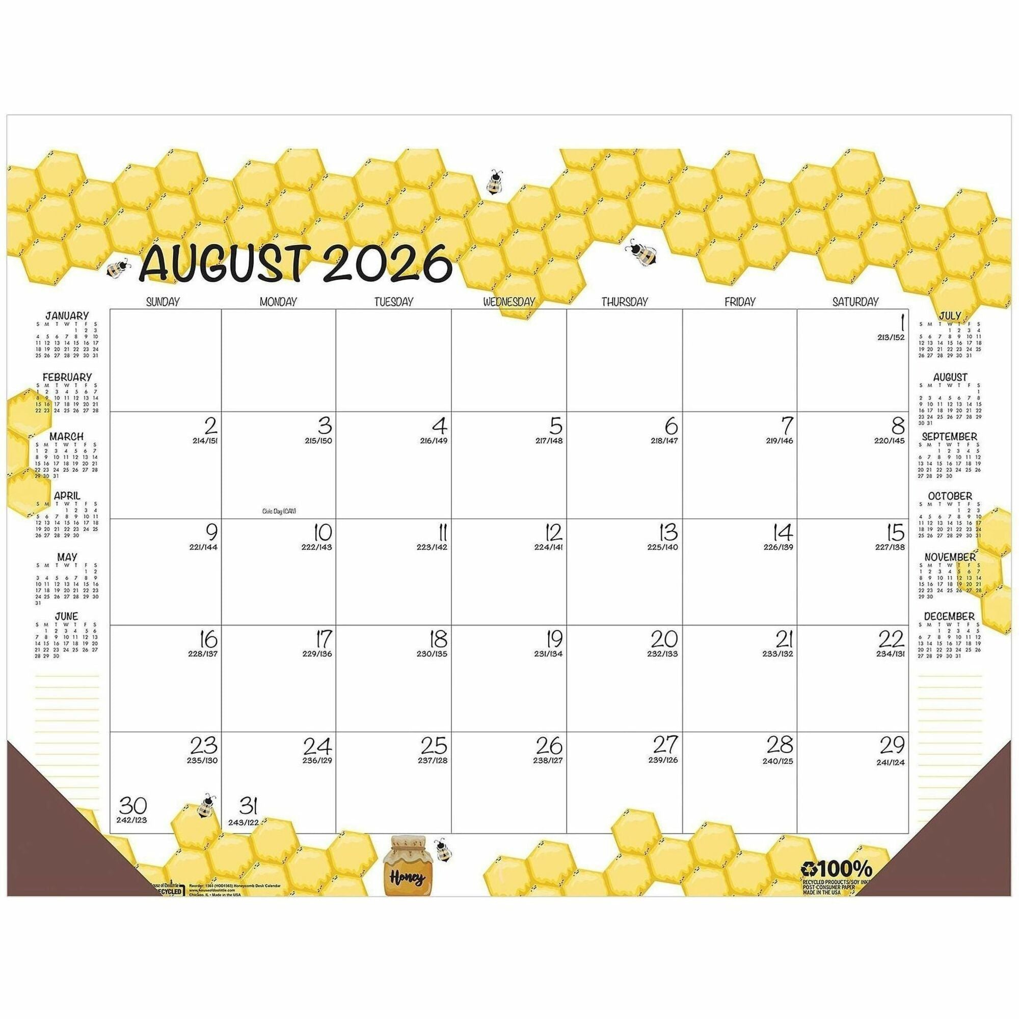 Academic - Julian Dates - Monthly - 12 Month - August 2025 to July 2026 - 22" x 17" Sheet Size - Multicolor/White Sheet - 2.38" x 2.50" Block - Glue Top - Desk Pad - Yellow - Paper - Notes Area, Reinforced Corner, Printed, Daily Block - 1 Each