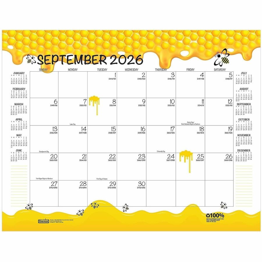 Academic - Julian Dates - Monthly - 12 Month - August 2025 to July 2026 - 22" x 17" Sheet Size - Multicolor/White Sheet - 2.38" x 2.50" Block - Glue Top - Desk Pad - Yellow - Paper - Notes Area, Reinforced Corner, Printed, Daily Block - 1 Each