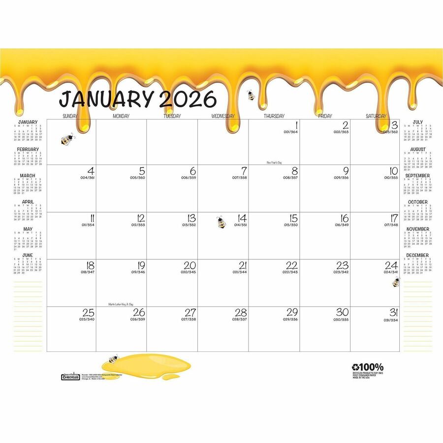 Academic - Julian Dates - Monthly - 12 Month - August 2025 to July 2026 - 22" x 17" Sheet Size - Multicolor/White Sheet - 2.38" x 2.50" Block - Glue Top - Desk Pad - Yellow - Paper - Notes Area, Reinforced Corner, Printed, Daily Block - 1 Each