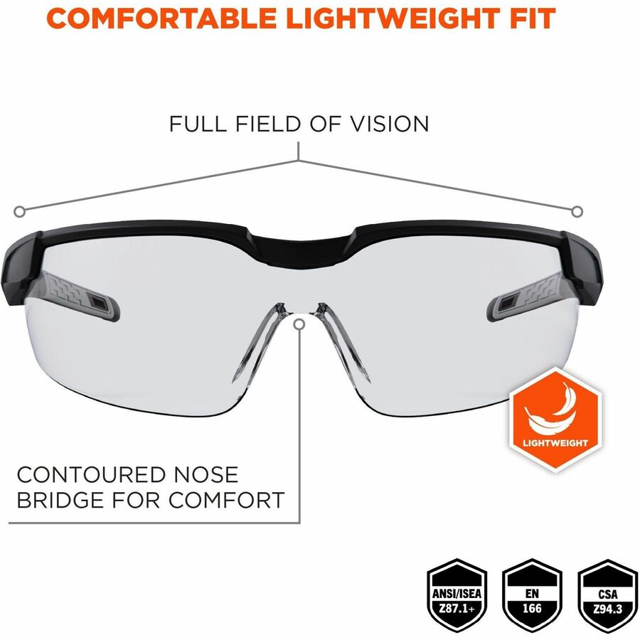 Ergodyne Skullerz Dellenger Safety Glasses, Clear Lens, Matte Black Frame, Adjustable Temple, Impact Resistant, Rimless, Lightweight, Flexible, Non-slip, UV Resistant, Wraparound, Soft Half Frame, 1 Each