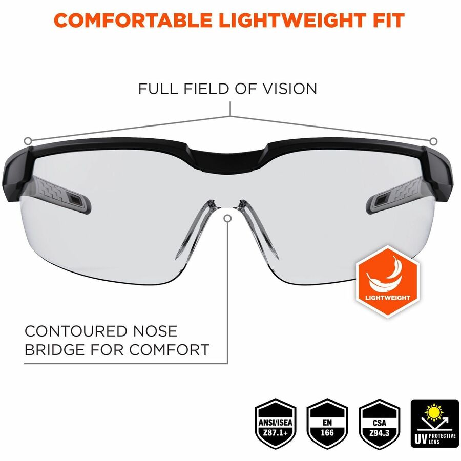 Ergodyne Skullerz Dellenger Anti-Fog Safety Glasses, Clear Polycarbonate Lens, Matte Black Frame, Adjustable Temples, Rimless, Lightweight, Impact Resistant, Wraparound Design, 1 Each