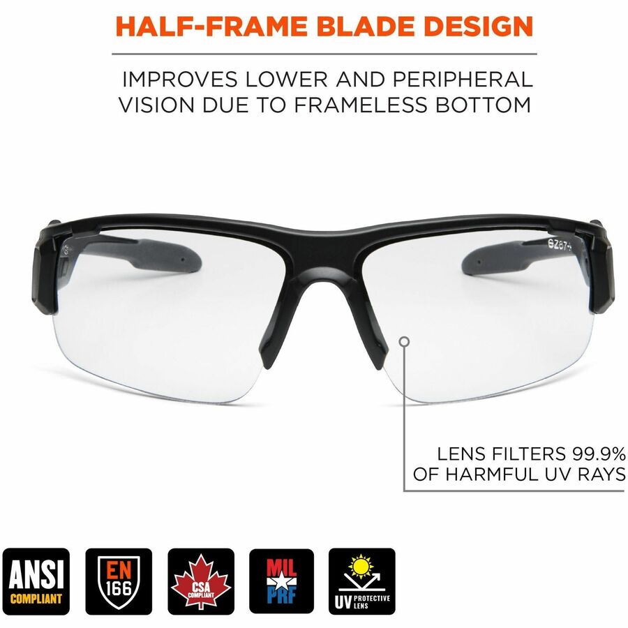 Ergodyne DAGR Anti-Scratch/Anti-Fog Safety Glasses, Clear Lens, Matte Black Half Frame, Flexible, Non-slip, Sweat Resistant, Impact Resistant, 1 Each