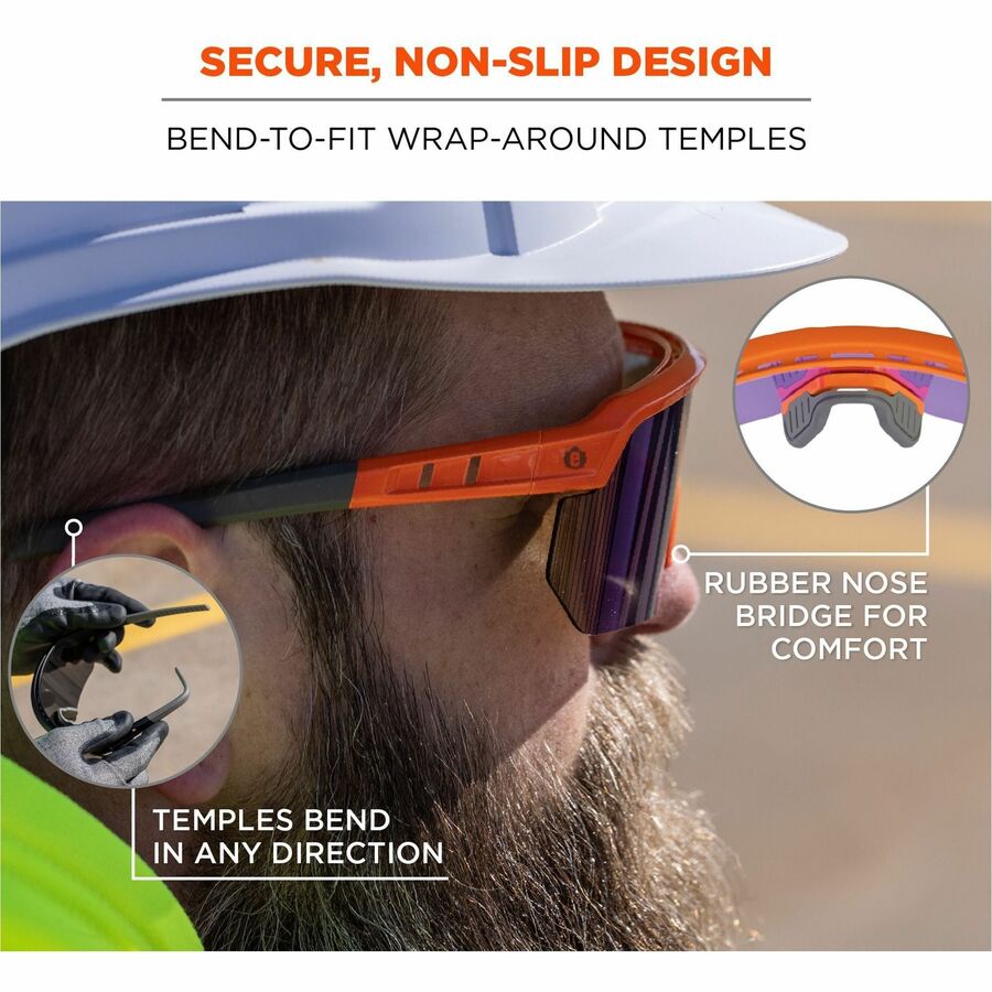 Ergodyne Aegir Enhanced Anti-Fog Safety Glasses, Purple Mirror Lens, Orange Frame, Polycarbonate/Rubber, Non-slip, Sweat Resistant, Lightweight, Durable, Adjustable Temple, Vented, Wraparound Design, 1 Each