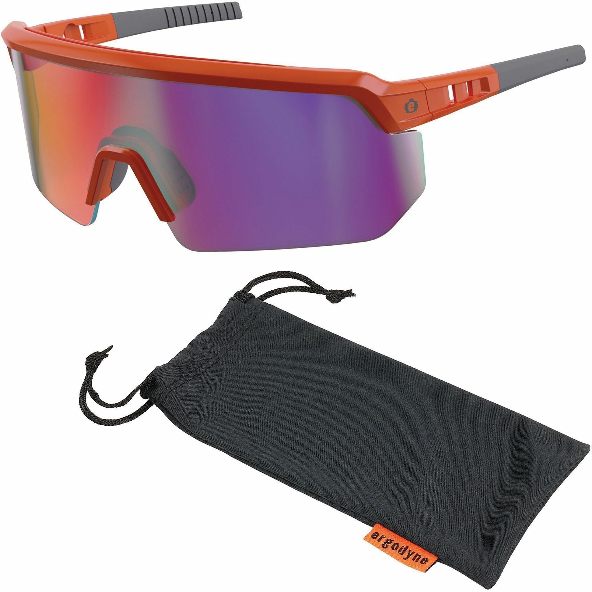Ergodyne Aegir Enhanced Anti-Fog Safety Glasses, Purple Mirror Lens, Orange Frame, Polycarbonate/Rubber, Non-slip, Sweat Resistant, Lightweight, Durable, Adjustable Temple, Vented, Wraparound Design, 1 Each