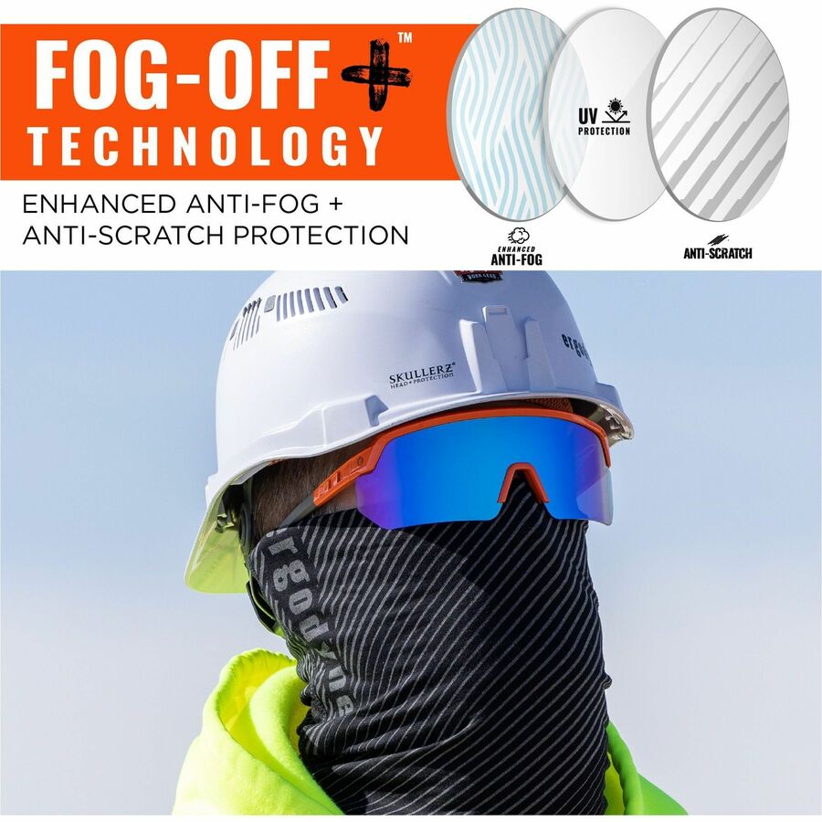 Ergodyne Aegir Enhanced Anti-Fog Safety Glasses, Blue Mirror Lens, Orange Frame, Polycarbonate/Rubber, Non-slip, Sweat Resistant, Lightweight, Impact Resistant, Adjustable Temple, Vented, 1 Each