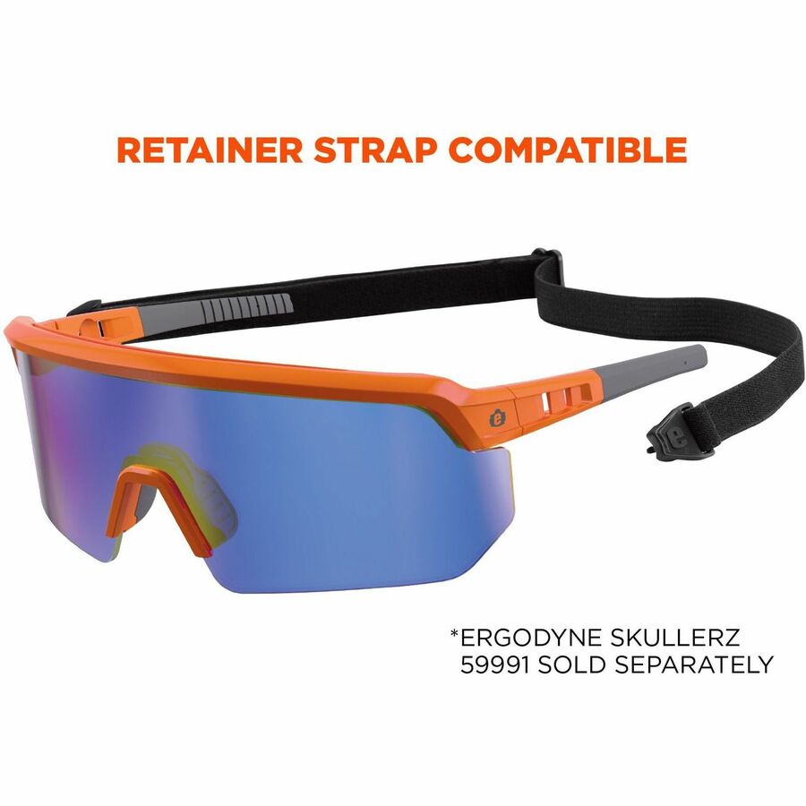 Ergodyne Aegir Enhanced Anti-Fog Safety Glasses, Blue Mirror Lens, Orange Frame, Polycarbonate/Rubber, Non-slip, Sweat Resistant, Lightweight, Impact Resistant, Adjustable Temple, Vented, 1 Each