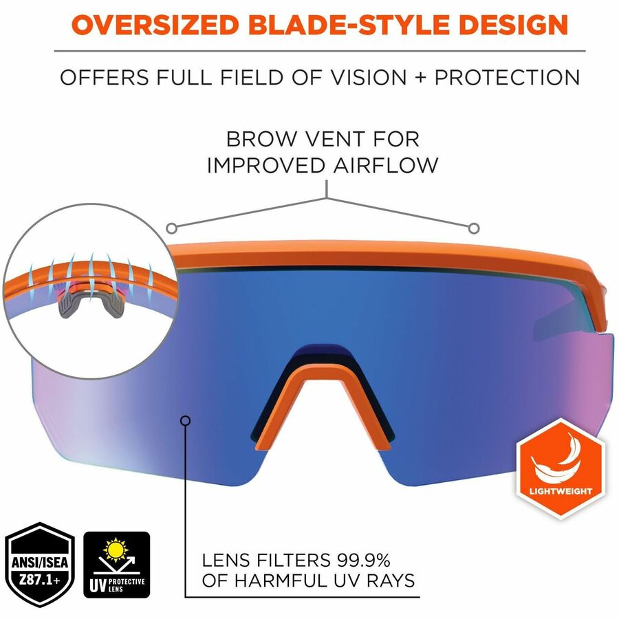 Ergodyne Aegir Enhanced Anti-Fog Safety Glasses, Blue Mirror Lens, Orange Frame, Polycarbonate/Rubber, Non-slip, Sweat Resistant, Lightweight, Impact Resistant, Adjustable Temple, Vented, 1 Each