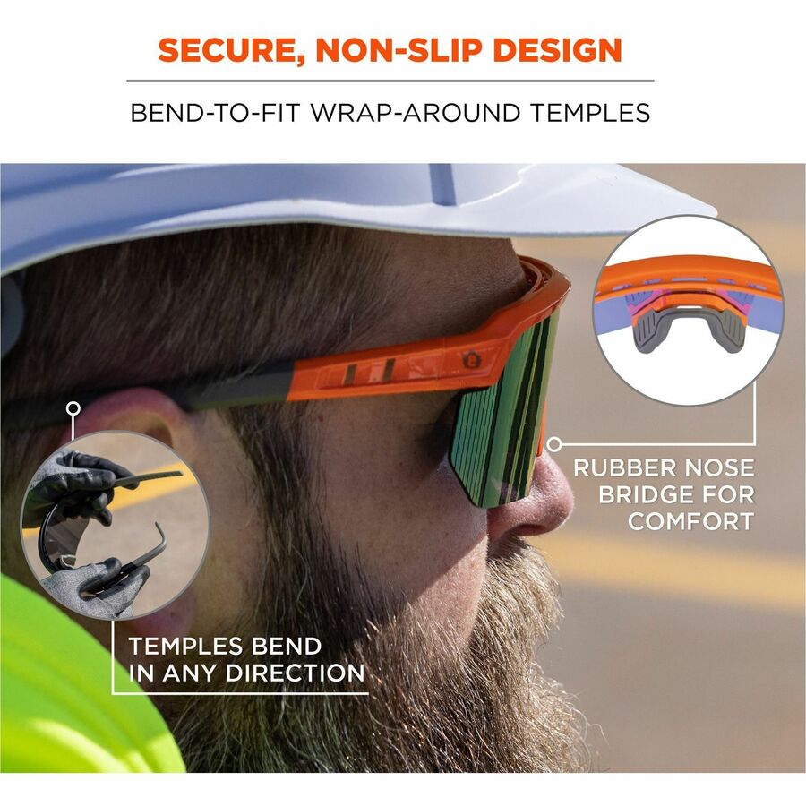 Ergodyne Aegir Enhanced Anti-Fog Safety Glasses, Blue Mirror Lens, Orange Frame, Polycarbonate/Rubber, Non-slip, Sweat Resistant, Lightweight, Impact Resistant, Adjustable Temple, Vented, 1 Each
