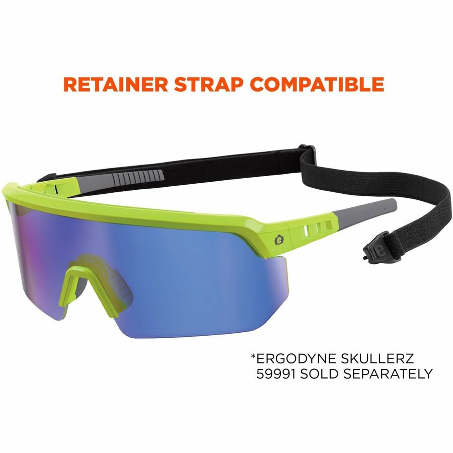 Ergodyne Aegir Enhanced Anti-Fog Safety Glasses, Blue Mirror Lens, Lime Frame, Polycarbonate/Rubber, Non-slip, Sweat Resistant, Lightweight, Impact Resistant, Adjustable Temple, 1 Each