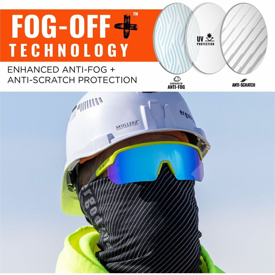 Ergodyne Aegir Enhanced Anti-Fog Safety Glasses, Blue Mirror Lens, Lime Frame, Polycarbonate/Rubber, Non-slip, Sweat Resistant, Lightweight, Impact Resistant, Adjustable Temple, 1 Each