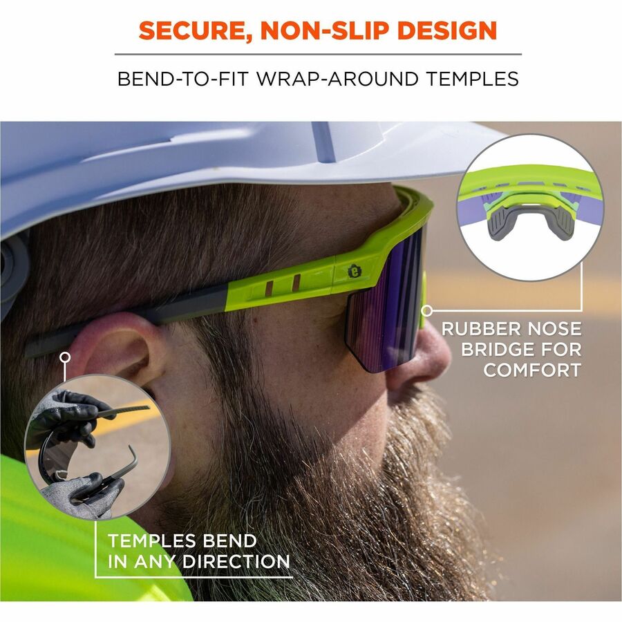 Ergodyne Aegir Enhanced Anti-Fog Safety Glasses, Blue Mirror Lens, Lime Frame, Polycarbonate/Rubber, Non-slip, Sweat Resistant, Lightweight, Impact Resistant, Adjustable Temple, 1 Each