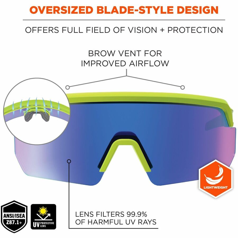 Ergodyne Aegir Enhanced Anti-Fog Safety Glasses, Blue Mirror Lens, Lime Frame, Polycarbonate/Rubber, Non-slip, Sweat Resistant, Lightweight, Impact Resistant, Adjustable Temple, 1 Each