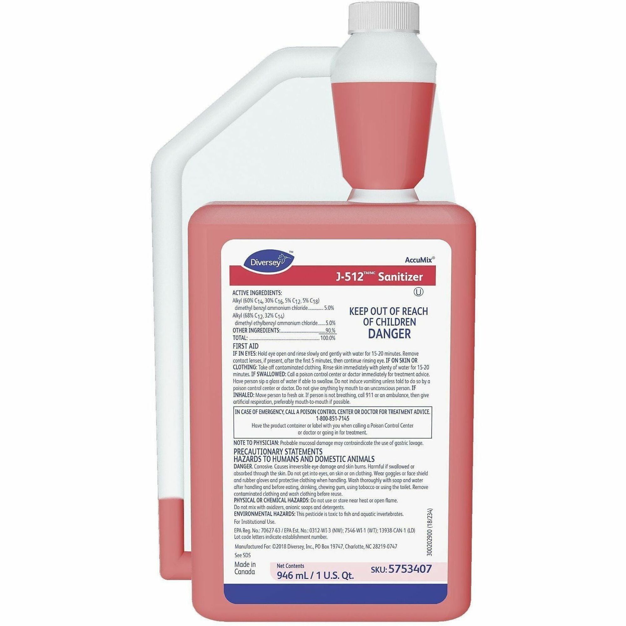 Diversey J-512 Sanitizer, Concentrate, Liquid, 32 fl oz (1 quart), Quaternary Scent, 7.9 pH, Red, No-rinse, Kosher, 6 per Carton