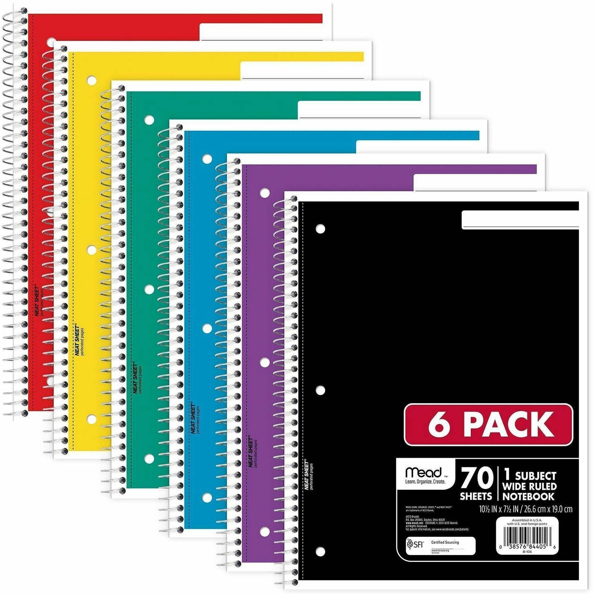 Mead Notebook, 1 Subject, 70 Sheets, Wide Ruled, 3-Hole Punched, 7.5" x 10.5", Assorted Colors, 6 Pack
