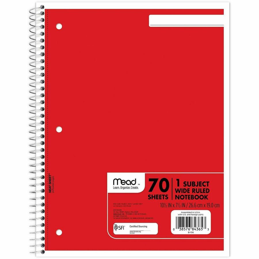Mead Notebook, 1 Subject, 70 Sheets, Wide Ruled, 3-Hole Punched, 7.5" x 10.5", Assorted Colors, 6 Pack