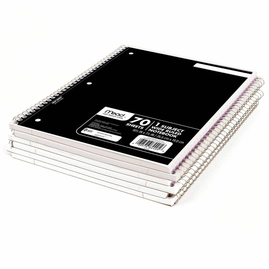 Mead Notebook, 1 Subject, 70 Sheets, Wide Ruled, 3-Hole Punched, 7.5" x 10.5", Assorted Colors, 6 Pack