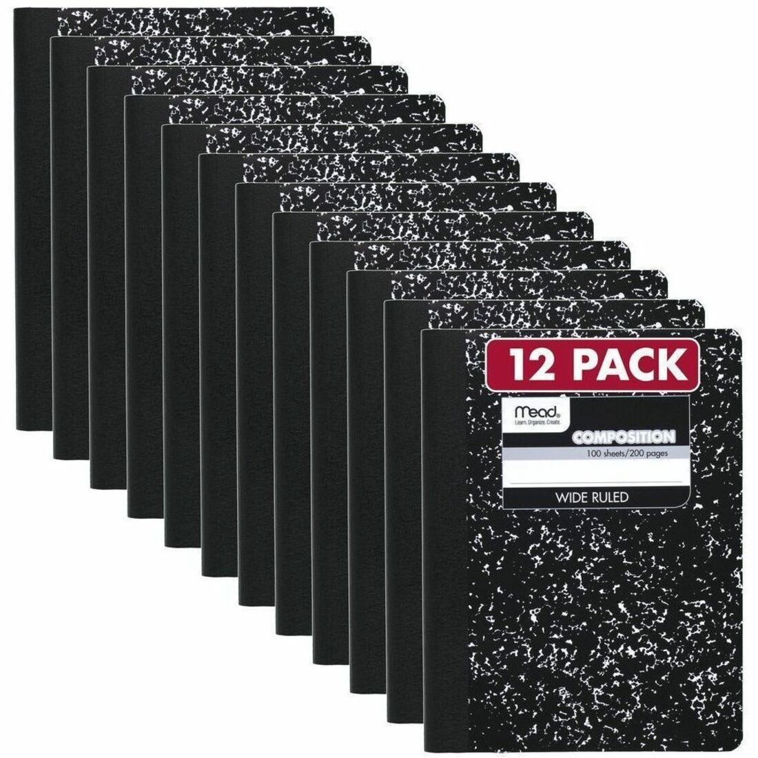Mead Wide Ruled Composition Book, 1 Subject, 100 Sheets, 200 Pages, Sewn Binding, White Paper, Black Marble Cover, Durable, 1 Each