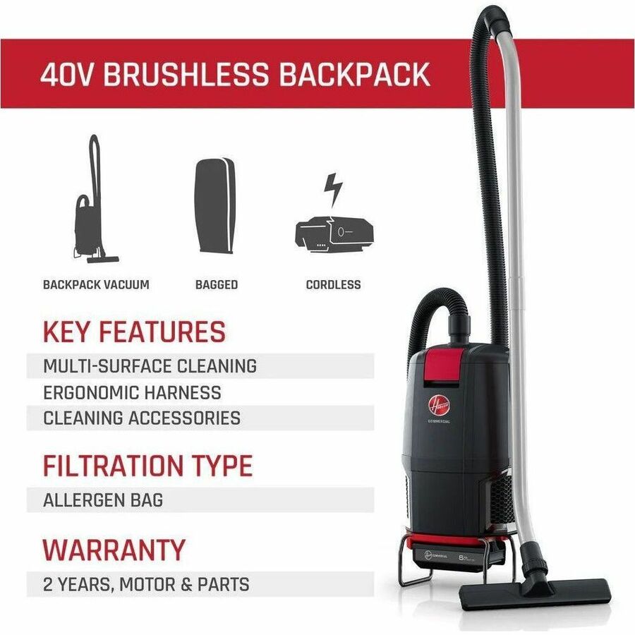 450 W Motor - Bagged - Hose, Wand - 5 ft Hose Length - HEPA - 607.4 gal/min - DC Supply - Battery Rechargeable - 40 V DC - 12.50 A - 450 W Rated Input Power - 71 dB(A) Noise Level - Black