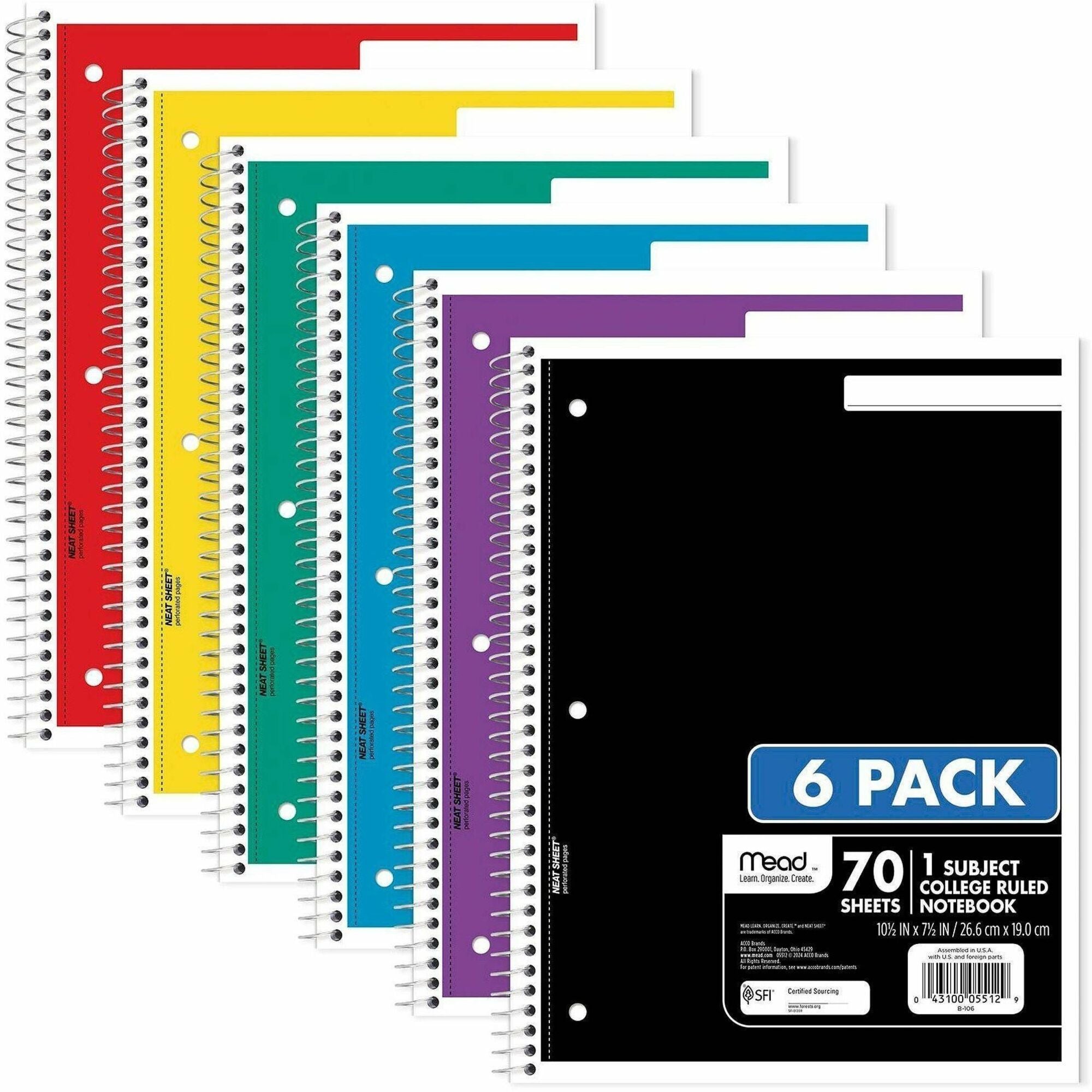 Mead Notebook, 1 Subject, 70 Sheets, College Ruled, 3-Hole Punched, 7.5" x 10.5", Assorted Colors, 6 Pack