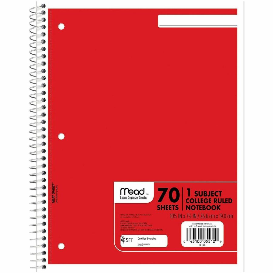 Mead Notebook, 1 Subject, 70 Sheets, College Ruled, 3-Hole Punched, 7.5" x 10.5", Assorted Colors, 6 Pack
