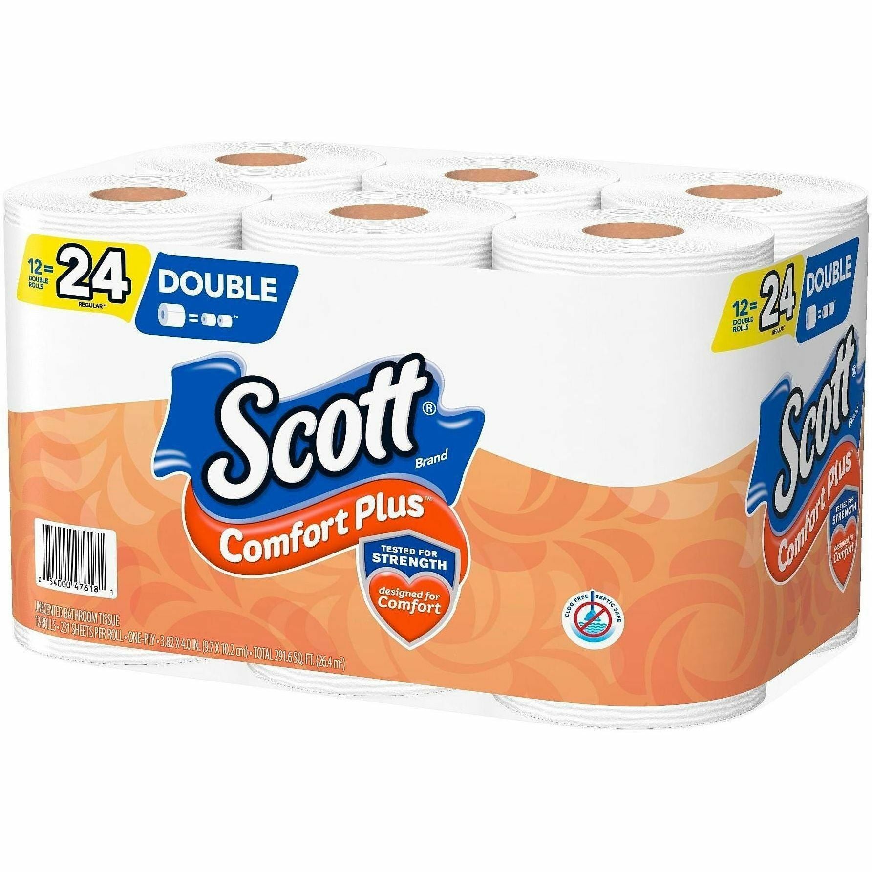 Scott ComfortPlus Toilet Paper, 1 Ply, 231 Sheets per Roll, White, 4 Rolls per Carton