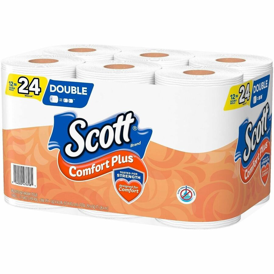 Scott ComfortPlus Toilet Paper, 1 Ply, 231 Sheets per Roll, White, 4 Rolls per Carton