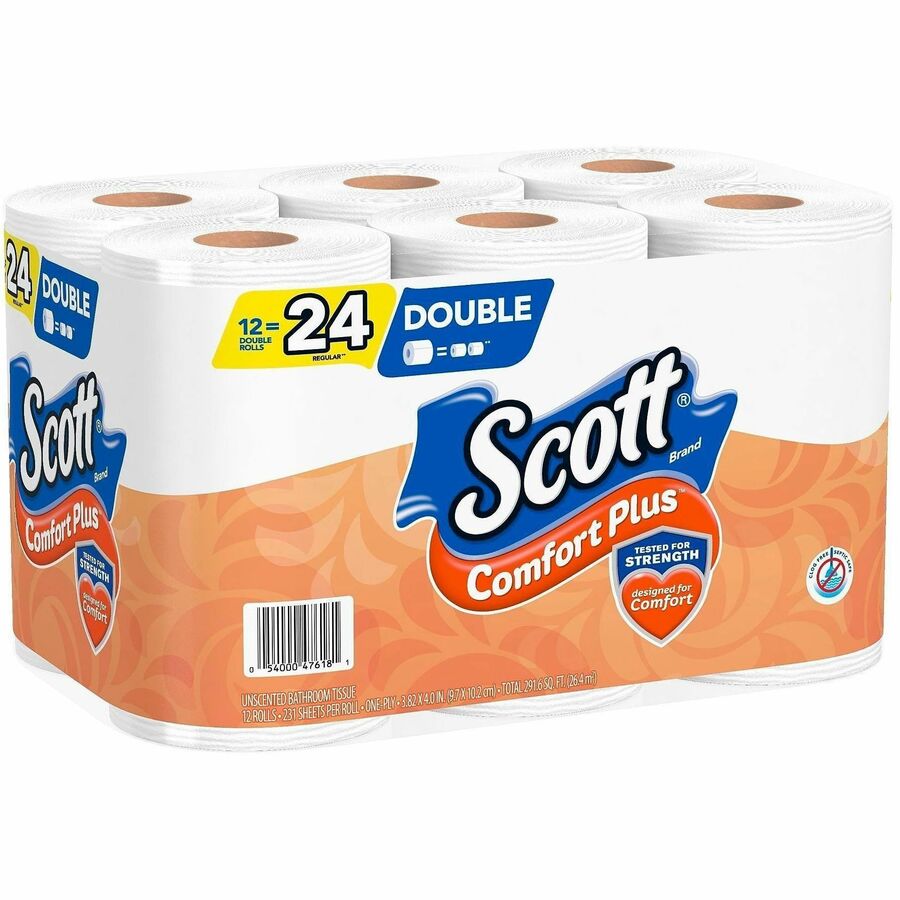 Scott ComfortPlus Toilet Paper, 1 Ply, 231 Sheets per Roll, White, 4 Rolls per Carton