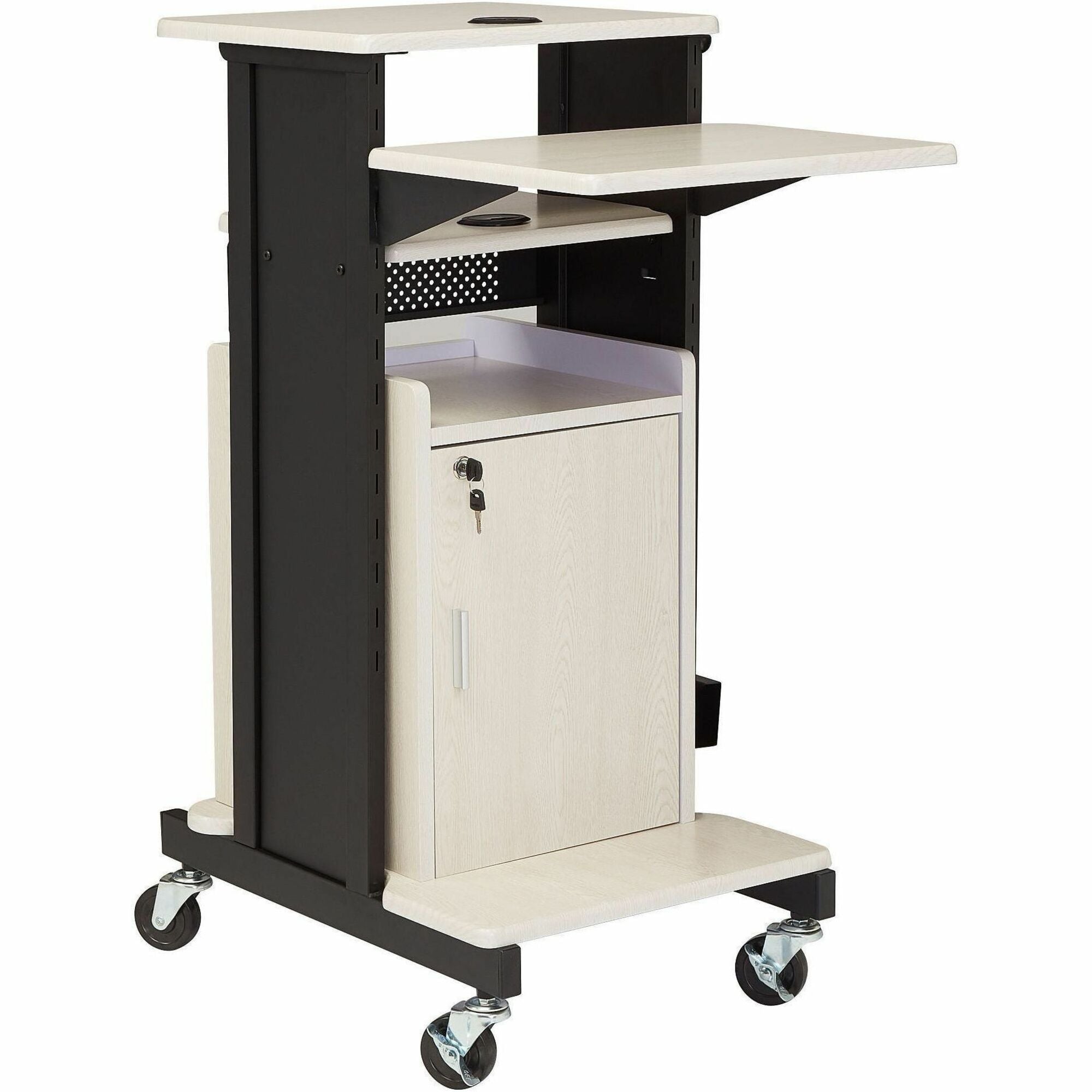 Oklahoma Sound® Premium Plus Presentation Cart with Storage Cabinet, Surface Color: Ivory Woodgrain/Black, Frame Color: Black