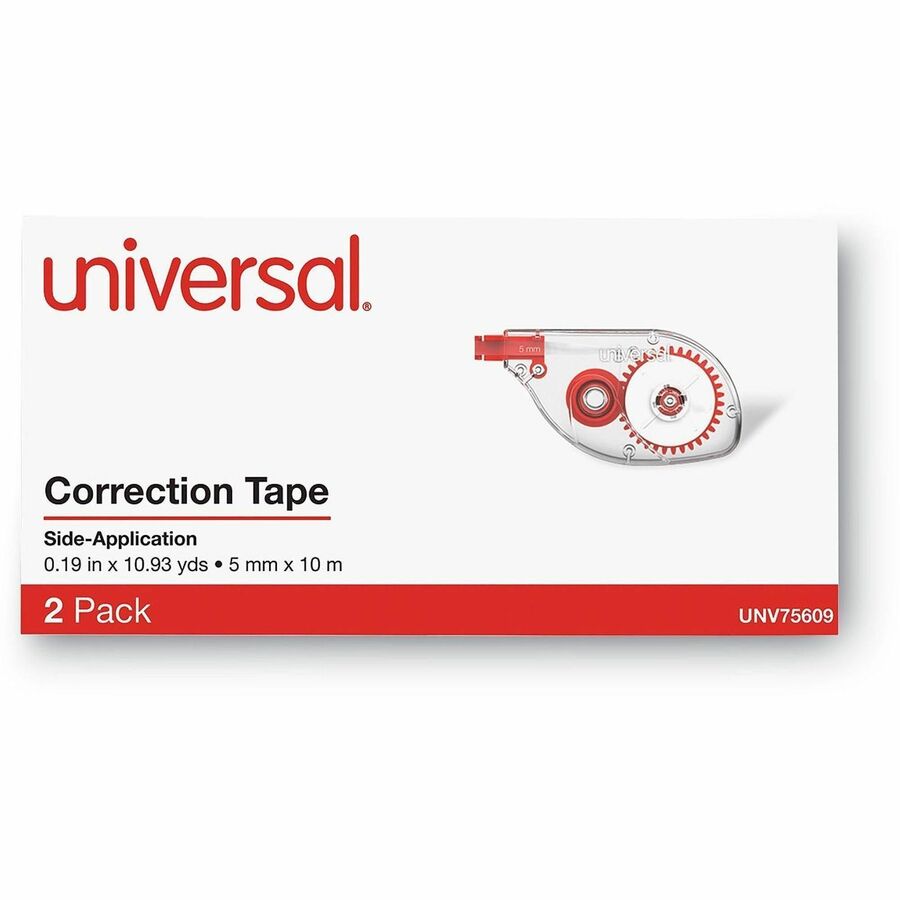 Universal Correction Tape, 0.20" x 32.75 ft, 1 Line, White Tape, Red/Clear Dispenser, Non-refillable, Ergonomic, Tear Resistant, Flexible, Transparent, Film/Plastic, 2 Pack