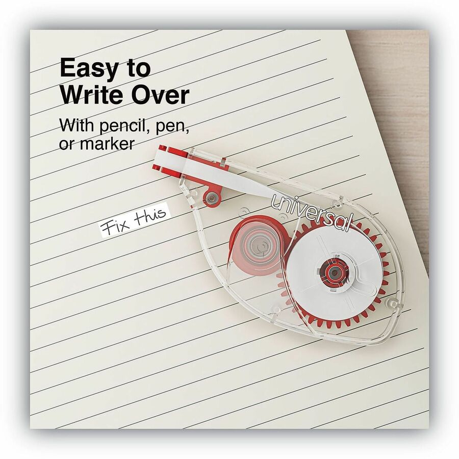Universal Correction Tape, 0.20" x 32.75 ft, 1 Line, White Tape, Red/Clear Dispenser, Non-refillable, Ergonomic, Tear Resistant, Flexible, Transparent, Film/Plastic, 2 Pack
