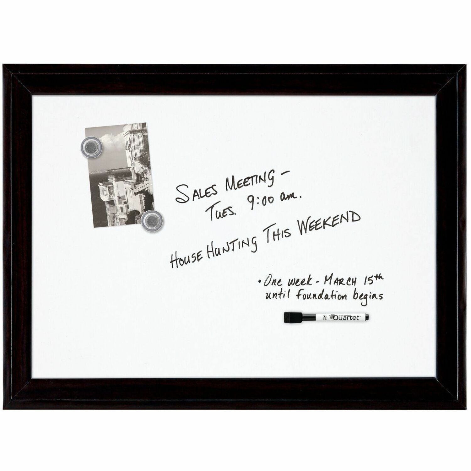 23" (1.9 ft) Width x 17" (1.4 ft) Height - White Painted Steel Surface - Ebony Wood Frame - Horizontal/Vertical - Magnetic - Smooth Writing, Easy to Clean - 1 Each