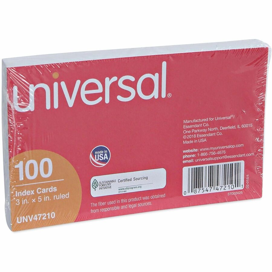 Universal Printable Index Cards, 3" x 5", Ruled, Acid-Free, White, 100 Pack