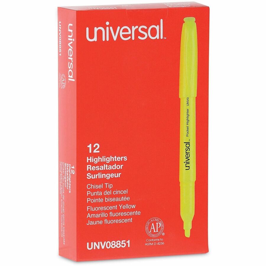 Universal Highlighter, Chisel Tip, Fluorescent Yellow Ink, Yellow Barrel, 1 Dozen